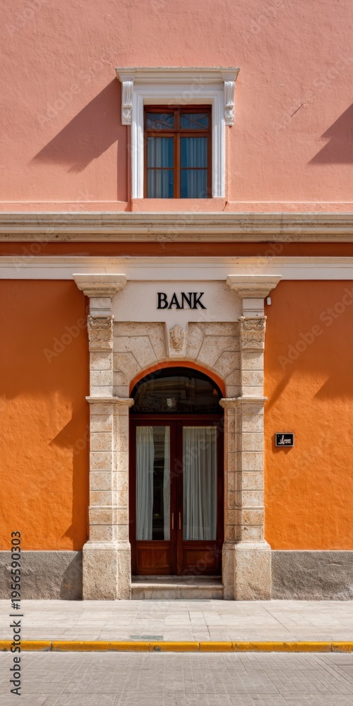 Obraz premium Bank facade with orange base stone arch doorway and upper window set in pastel stucco town street