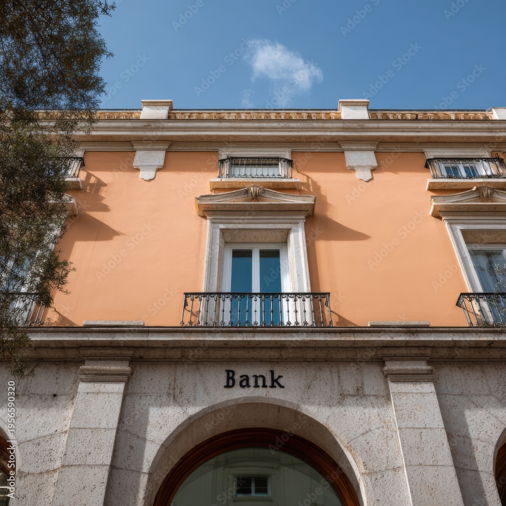 Obraz premium Tall bank building facade with balcony windows and arched ground floor openings under a clear blue sky