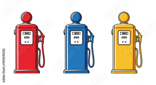 Three vintage gas pumps in vibrant primary colors stand in a row creating a bold visual statement silhouette high quality