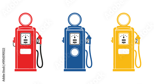 Three vintage gas pumps in red blue and yellow stand aligned against a stark white background silhouette high quality professional detailed
