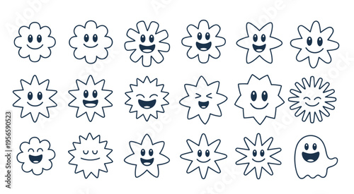 Collection of cartoon star and cloud characters with happy faces