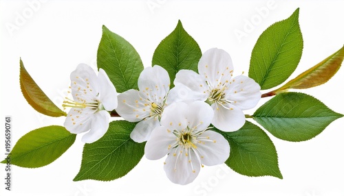 White Cherry Blossom Branches With Fresh Green Leaves Isolated Early Spring Botanical Elements For Design