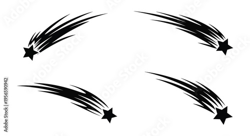 Four dynamic shooting stars streak across a white background creating a cosmic visual effect a striking silhouette high quality professional