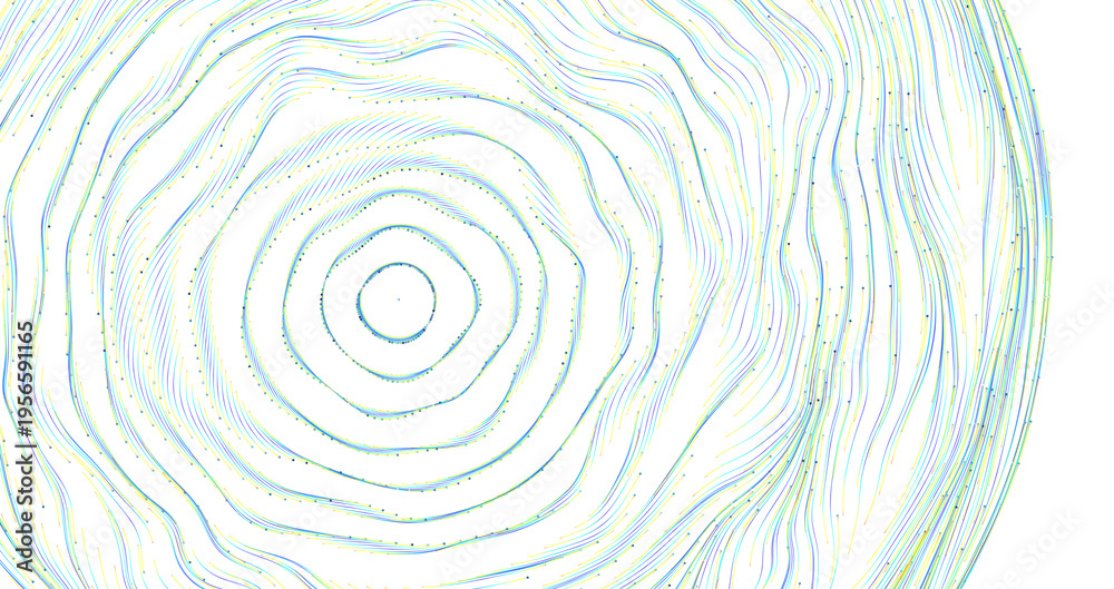 Fototapeta premium Abstract image showing concentric circles and curved lines in a vibrant color scheme of blue, yellow and white. Great fo
