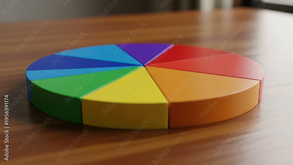 Fototapeta premium A colorful, three-dimensional pie chart with eight segments, resting on a polished wooden surface