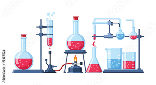 A colorful illustration depicts a classic chemistry setup with beakers flasks and a burner a flat vector silhouette high quality professional