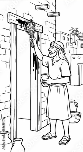 sraelite marking doorposts with lamb’s blood coloring page, Passover story, cartoon style, black-and-white line art, A4 portrait, educational illustration for kids