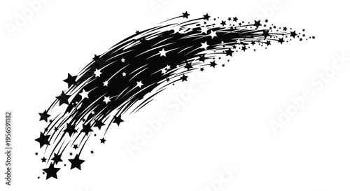 A dynamic burst of black stars sweeps across a white background creating a dramatic celestial effect a striking silhouette