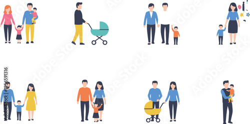 Set of diverse modern families with parents children and babies walking together including strollers and single parents in flat vector illustration style.