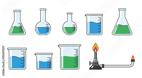 Colorful laboratory glassware with liquids and a burner showcasing a flat design silhouette high quality professional detailed modern elegant stylish clean