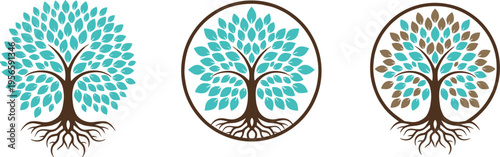 Tree of life vector set with roots and teal leaves in circular emblem style for nature wellness organic branding and environmental conservation.