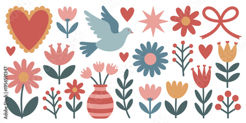 Collection of stylized flowers hearts dove and bow