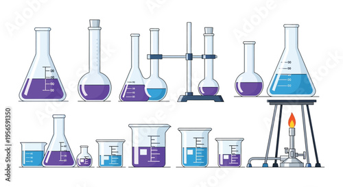 An illustrative depiction of various laboratory glassware and a burner presented as a flat colorful silhouette high quality professional detailed modern