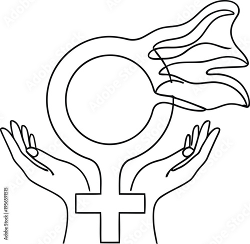 Woman empowerment symbol with female sign in hands and flowing hair. feminist graphic design