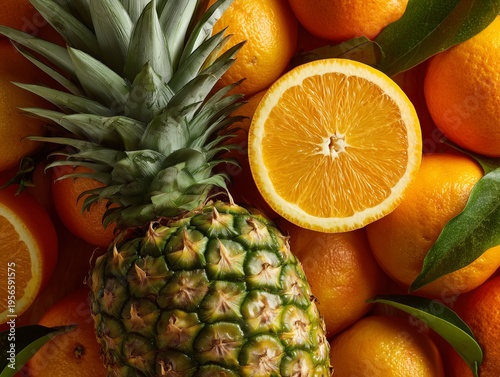 Fresh Fruits on Display With Pineapple and Oranges Arranged on a Table