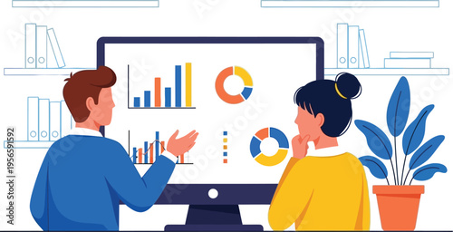 Two business colleagues analyzing data on computer