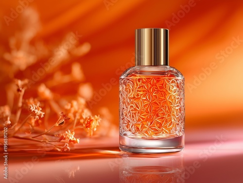 Bright Orange Perfume Bottle With Floral Details Sits on a Surface With Warm ...