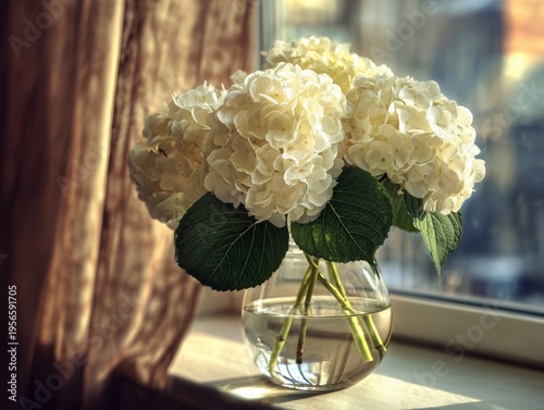 Hydrangeas in a Glass Vase on a Windowsill in Bright Sunlight During the Afte...