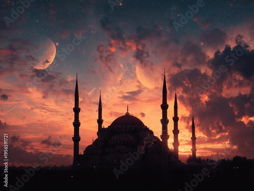 Sunset Over a Mosque With Minarets and a Dramatic Sky Filled With Clouds and ...