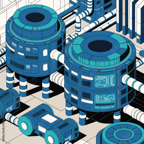 Isometric futuristic industrial facility with blue cylindrical reactors, connected pipelines and machinery, clean vector style, high-tech factory environment, geometric layout, modern engineering 