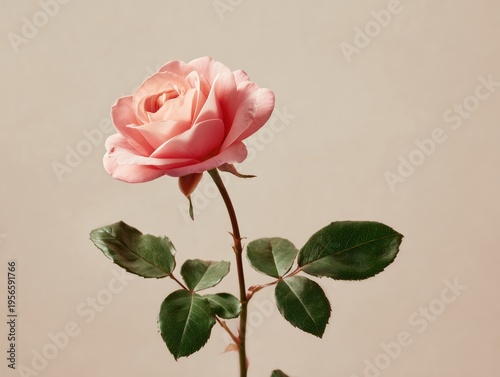 Pink Rose Standing Tall With Soft Petals and Green Leaves Against a Light Background