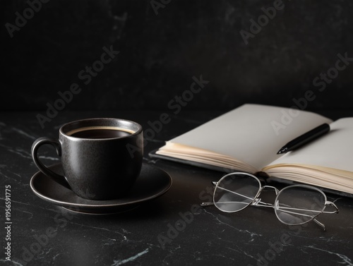 Coffee Cup With an Open Notebook and a Pen on a Table Surface