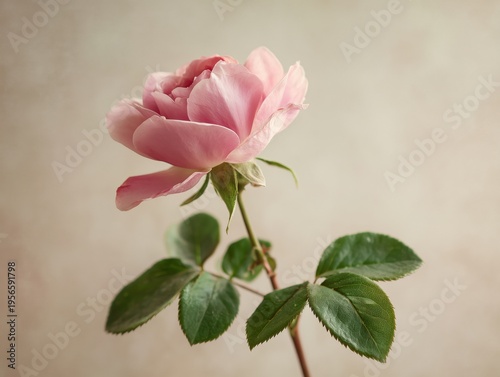 Pink Rose With Green Leaves on a Simple Background Showing Floral Beauty