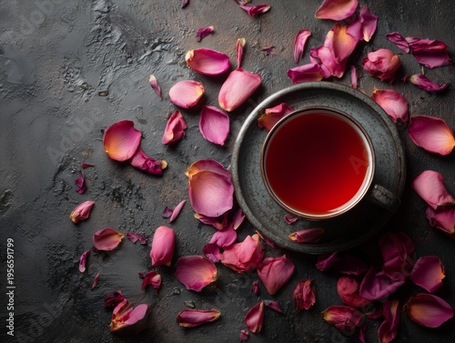Warm Tea in Cup Surrounded by Scattered Rose Petals on Dark Background