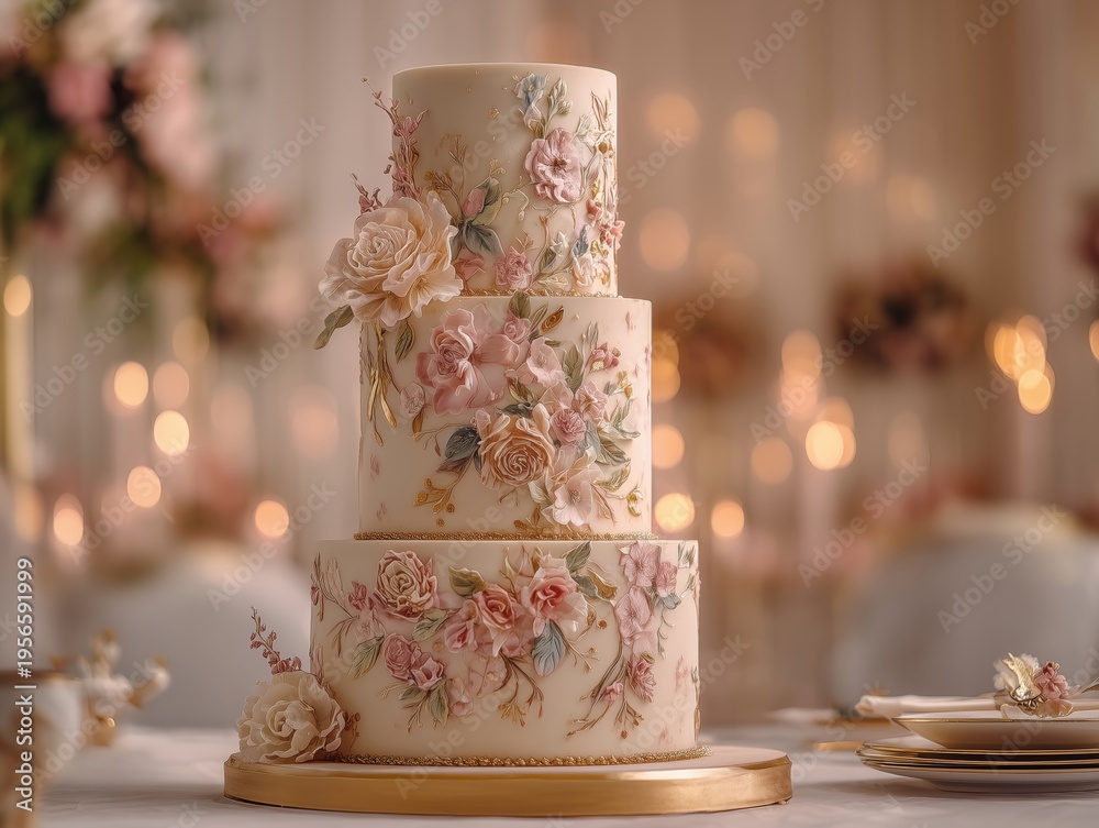 Naklejka premium Elegant Three-Tier Cake Decorated With Flowers at a Festive Event in the Evening