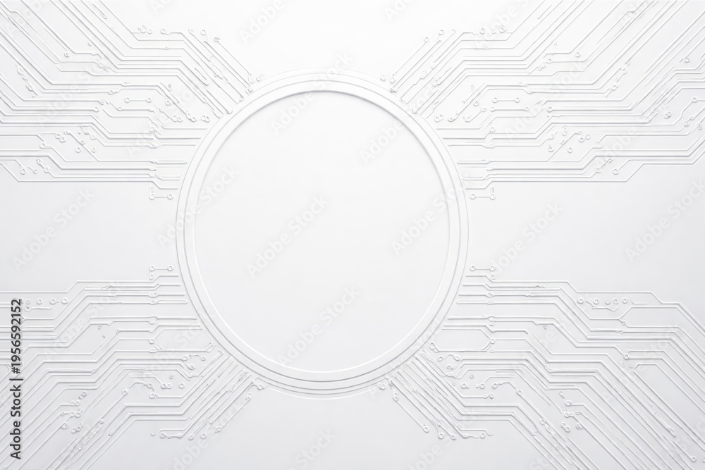 Obraz premium Minimal White Technology Background with Circular Frame and Circuit Pattern Layout