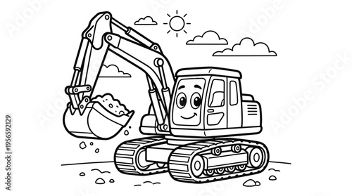 Smiling excavator cartoon construction vehicle.