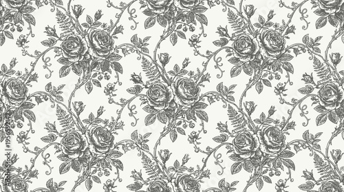 Elegant vintage floral pattern featuring intricate roses and foliage on a soft background