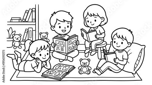 Children reading books on floor together.