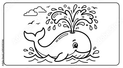Whale Splashing Water Cartoon Style Illustration.