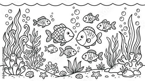 Colorful illustration of swimming fish.