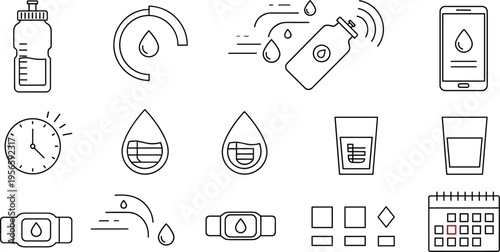 Digital Hydration Tracking and Water Reminder Icon Set featuring Smart Bottles, Mobile Apps, Fitness Watch Notifications, Daily Schedules, and Glass Intake Monitoring for Healthy Lifestyles