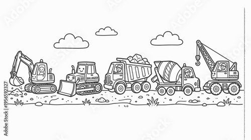 Heavy construction vehicles in a line.