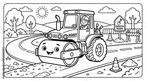 Smiling road roller with cartoon face.