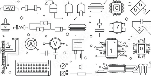 Electronic Components and Circuit Engineering Icon Set featuring Microchips, Processors, Transistors, Resistors, Capacitors, Circuit Boards, Ammeters, and Voltmeter Symbols for Hardware Design