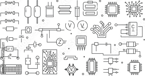 Electronics and Circuit Line Icon Set – Electrical Components and Technology Symbols
