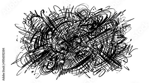 Abstract black ink artwork featuring chaotic lines and shapes creating a dynamic visual effect