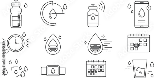 Hydration Tracking and Water Reminder Icon Set featuring Smart Bottles, Mobile App Notifications, Fitness Watch Sync, Calendar Scheduling, and Daily Intake Goals