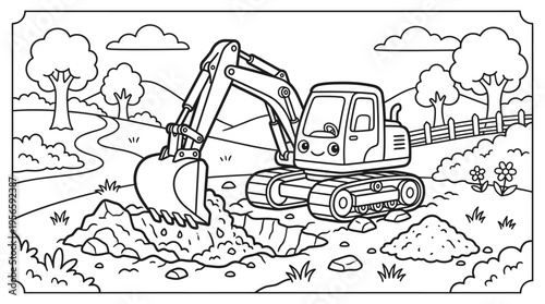 Excavator digging earth with tracks.