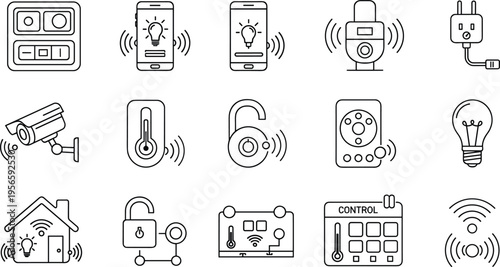 Smart Home IoT and Wireless Automation Icon Set featuring Remote Surveillance Cameras, Smartphone Home Control, WiFi Connectivity, Digital Thermostats, and Automated Security Systems