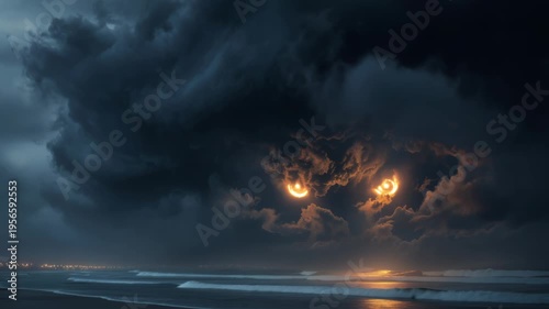 Dark clouds gather over the ocean as bright eyes emerge, watching the waves below. A storm brews as the night deepens. Lightning and thunder follow the glow in the sky.