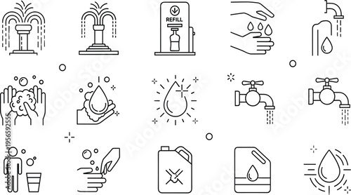 Water Conservation and Hygiene Icon Set Featuring Refill Stations, Hand Washing Symbols, Faucets, Public Fountains, and Liquid Drops for Sustainability and Health Projects