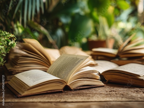 Open Books on a Table With Plants in the Background and Stacks of Books Besid...