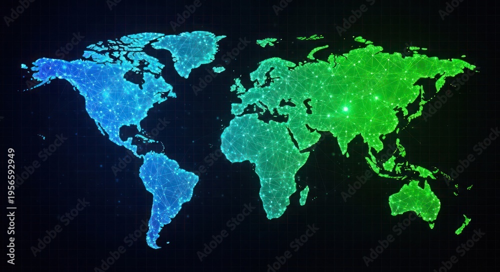 Fototapeta premium A glowing world map with blue and green dots represents global data on a dark background