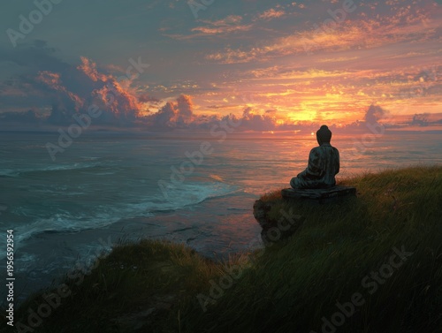 Person Sitting on Cliff Watching Sunset Over the Ocean With Waves Below and C...