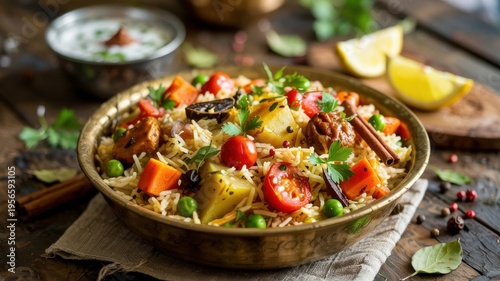 Indian cuisine.  Vegetable Biryani is a fragrant dish of Indian cuisine made from basmati rice, vegetables and a rich set of spices.